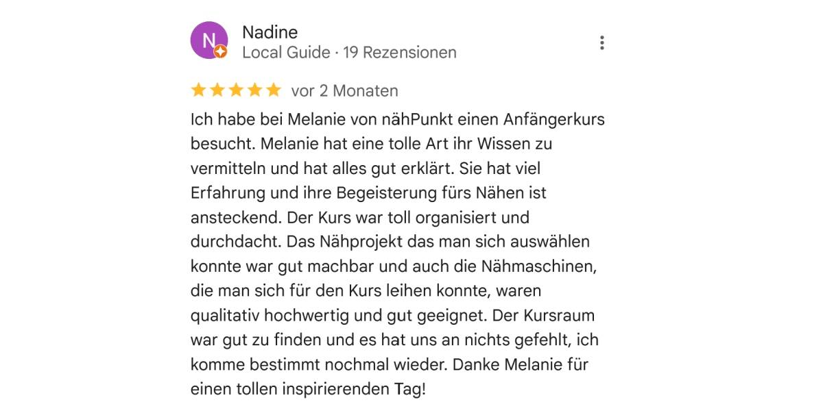 Rezension, Bewertungen von nähPUNKT Karlsruhe, Nähkurse