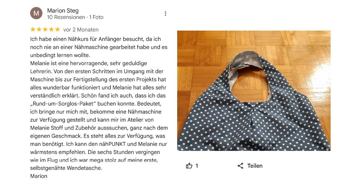 Rezension, Bewertungen von nähPUNKT Karlsruhe, Nähkurse
